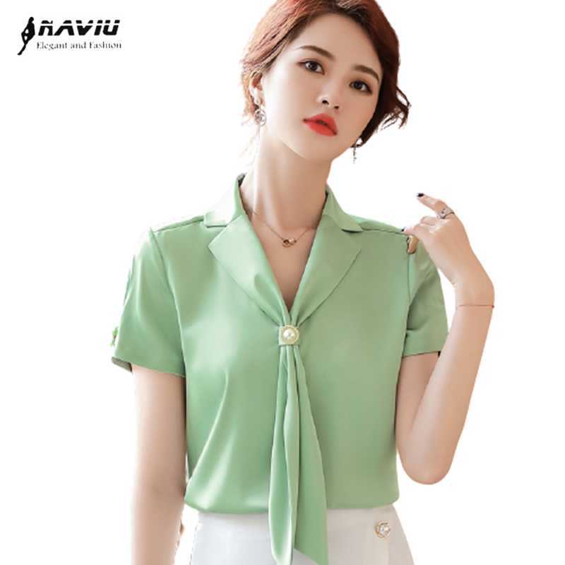 

Summer Short Sleeve Light Green Shirt Women Fashion Design Streamer Satin Chiffon Blouses Office Ladies Temperament Work Tops 210604, White
