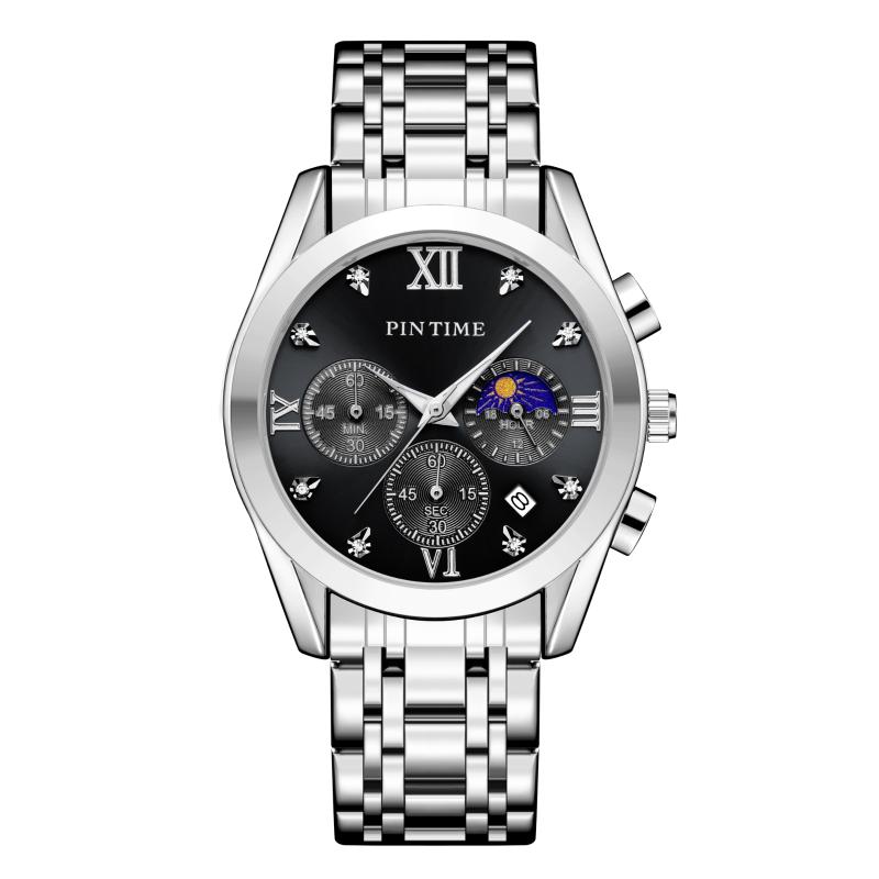 

Wristwatches PINTIME Men Watch Top Sports Quartz Mens Watches Full Steel Waterproof Chronograph Wristwatch Relogio Masculino, Silver blue