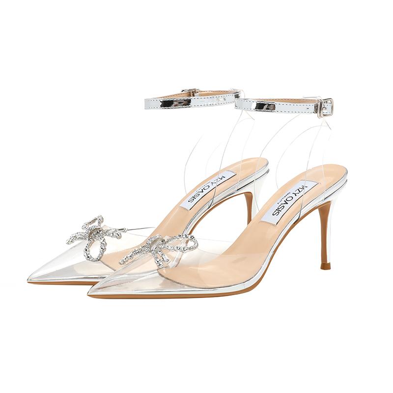 

Dress Shoes 2021 S Crystal Bow Thin High Heels Sandals Women Sexy Pointed Toe Wedding Party Woman Ankle Strap Slingback Pumps, Transparent