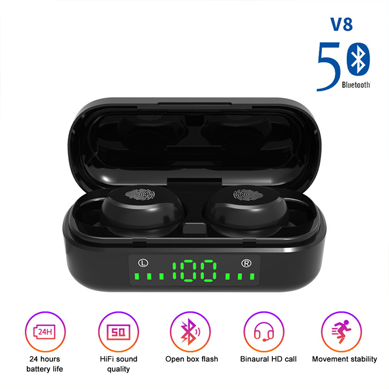 

V8 TWS Wireless Earphones Bluetooth 5.0 9D Bass Stereo Waterproof Earbuds Handsfree Headset With Microphone Charging, Black