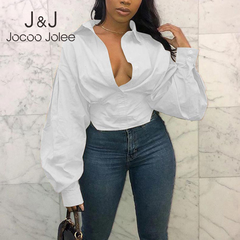 

Jocoo Jolee Sexy Button Turn Down Collar Tops Chic Solid Tunic Elegant Lantern Sleeve Slim Shirt Women Blouses Female Clothing 210518, As photo