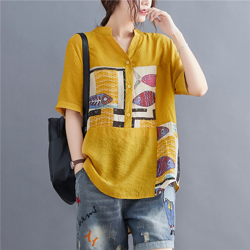 

Women's Blouses & Shirts Arrival 2020 Summer Arts Style Women Short Sleeve Loose V-neck Blouse Patchwork Print Cotton Casual Shi, Yellow