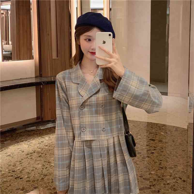 

Women Autumn Long Sleeve Plaid Pleated Blazer Dress Ladies Vintage High Waist Sweet Dresses Casual Street Korean Vestidos 210519, As picture