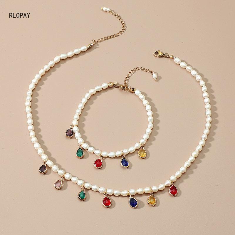 

Chains Pearl Necklace Stained-glass Pendant Fashion Water Drop Women Beads Chain, Silver