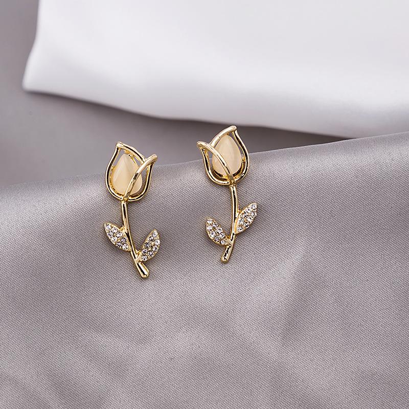

Stud Fashion Rose Flower Earrings For Women Jewelry Accessories Elegant Opal Zircon Oorbellen, Golden;silver