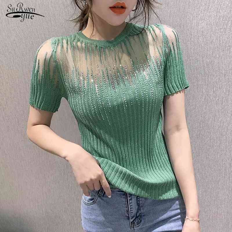 

Summer Korean Clothes Knitted shirt Short Sleeve Elastic Tees Sexy Diamonds Transparent Women Tops Ropa Mujer Shirt 10059 210417, White