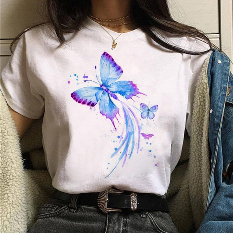 

Women' T-Shirt Fashion Women Tshirt Watercolor Butterfly Print Female Casual White Tops 90s Girls Short Sleeve Tee Shirts Woman, Btw13