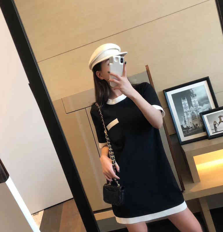 

Casual Dresses Women' Summer Preppy Style Medium Long T-Shirt Skirt Short Sleeve slim Knitted letter embroidery dress BN1X, Black