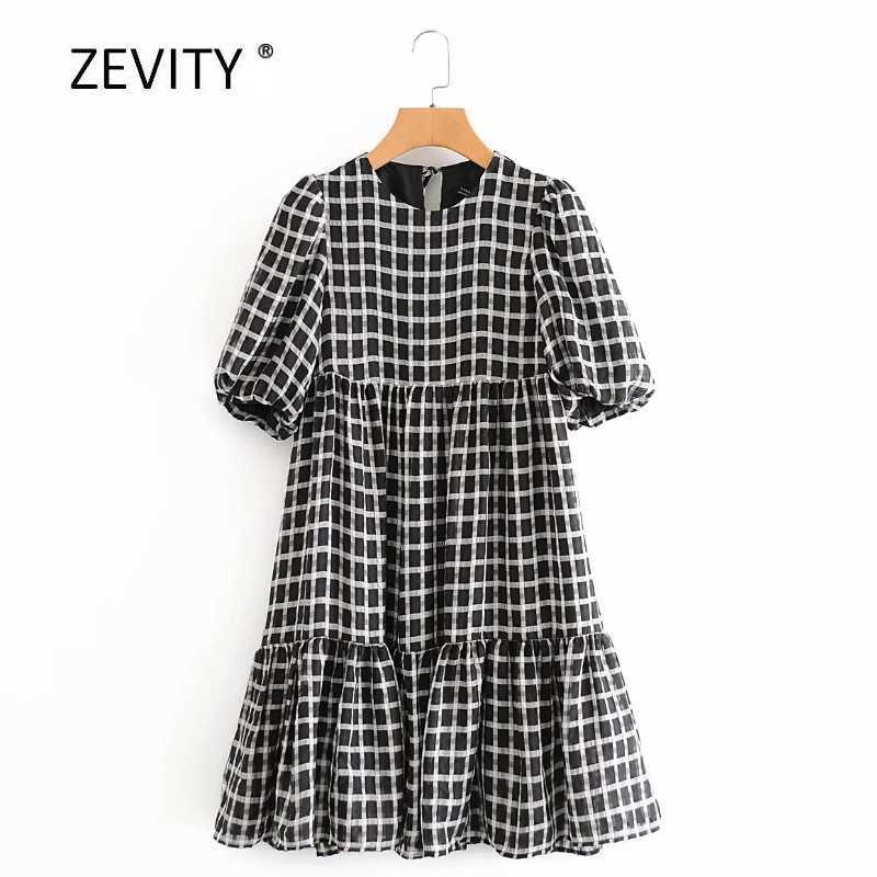 

women vintage O Neck plaid print vestido puff sleeve pleated ruffles mini dress female chic retro casual chiffon dresses DS4019 210603, As pic ds4019aazz