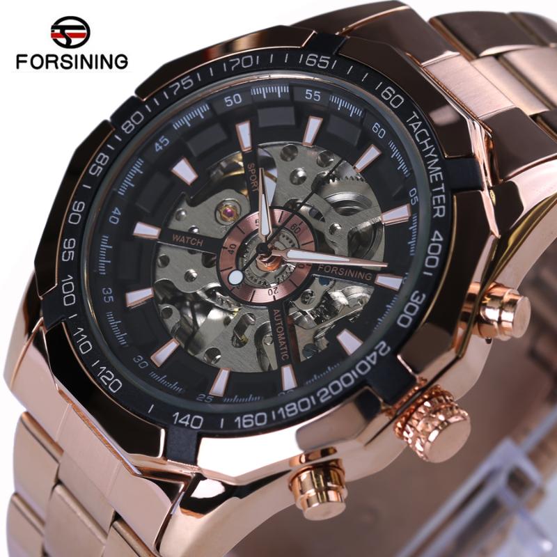 

Forsining Rose Golden Fashion Designer Transparent Case Mens Watches Top Mechanical Automatic Skeleton Watch Clock Wristwatches, Black