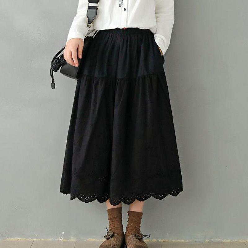 

Johnature Women Solid Color Pockets Patchwork Retro Embroidered Skirt Spring Loose Comfortable All-match 4 Color Skirt 210521, Coffee