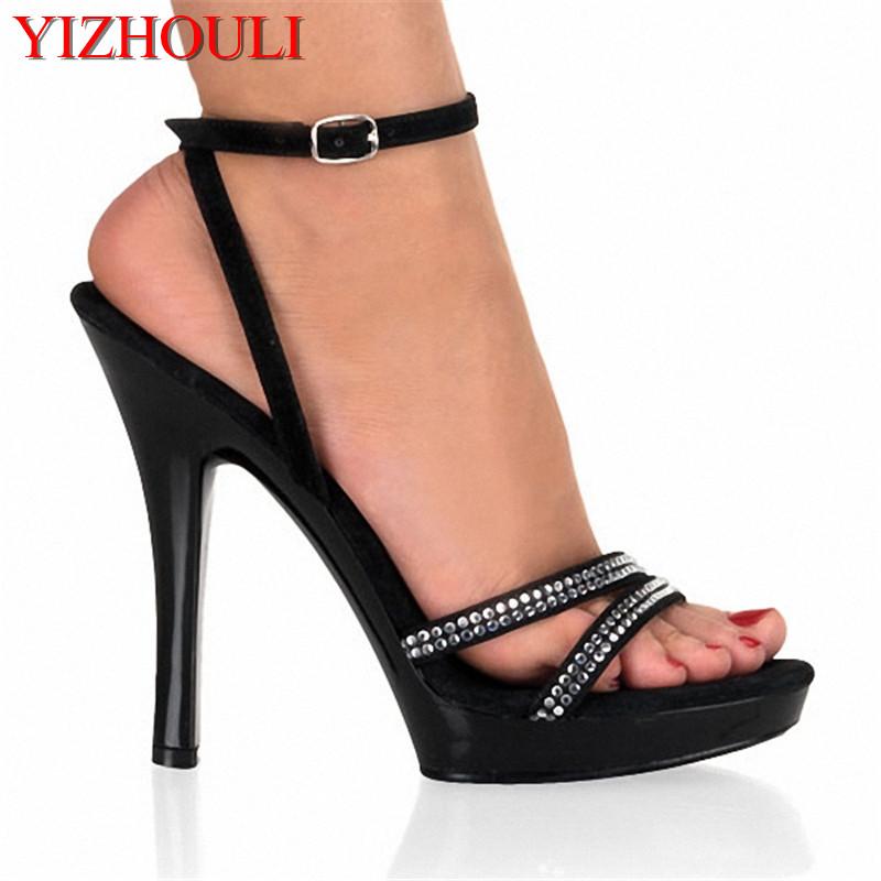 

13cm Bohemia High Heels Sandals Tassel Platform Sandal With Rhinestone Straps 5 Inch Punk Open Toe Size 12, Black