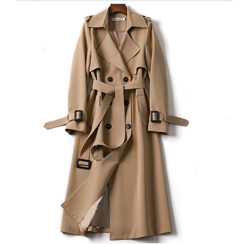 

Fashion Autumn Winter Business Outerwear Long With Belt Cloak Mujer Windbreaker Trench Coat Women Double Breasted S-XXL 210519, Beige