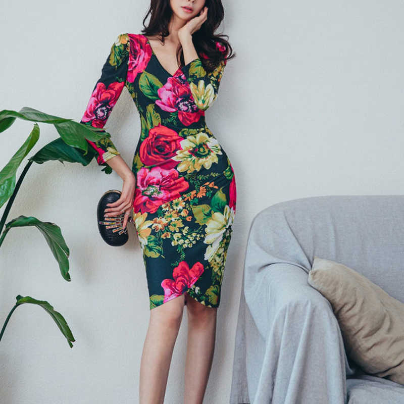 

spring and summer Korean fashion temperament printing waist slimming flower dress Office Lady Polyester 210603, Green