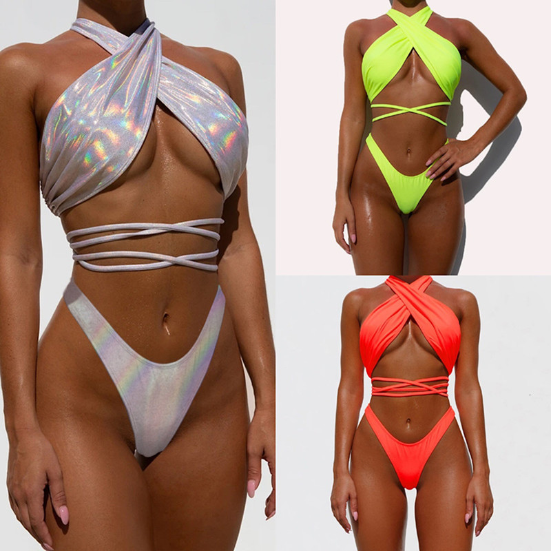 Solid 2021 Sexy Bikini Color Conservative Personality Bandage Neck Split Swimsuit Fmn1945-image-678423106