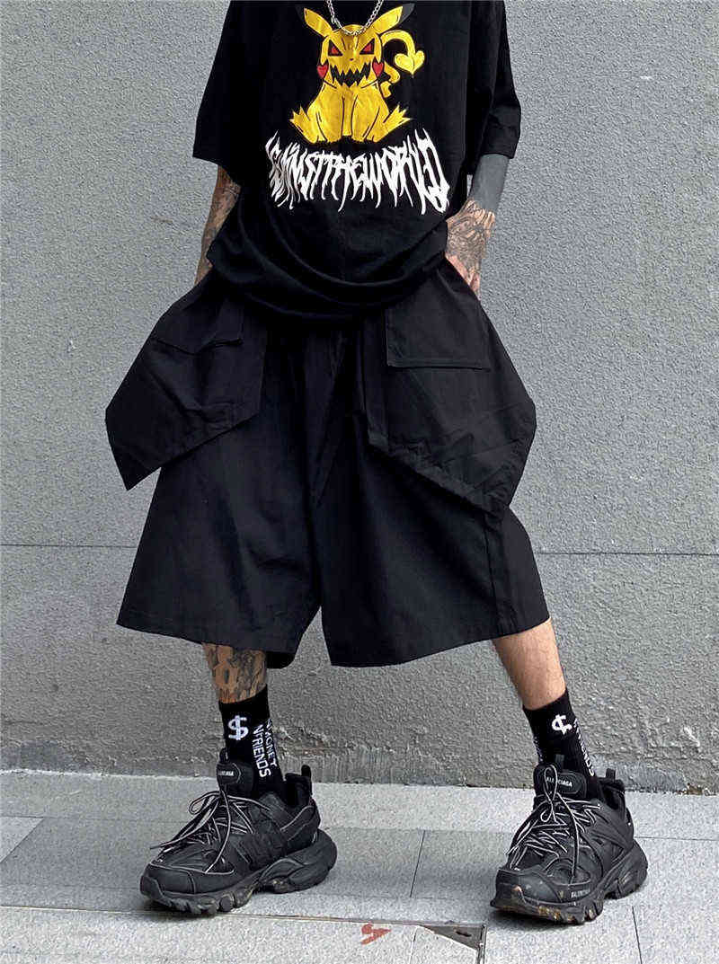 

Yamamoto dark wide-leg skirt pants men' loose six-point shorts Japanese personality casual fake two-piece middle pants tide H1210, Black