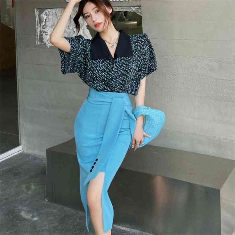 

Summer Fashion 2 Piece Set Floral Print Lapel Short Sleeve Blouse Top + High Waist Lace Up Bodycon Split pencil Skirts Suit 210519, Photo color