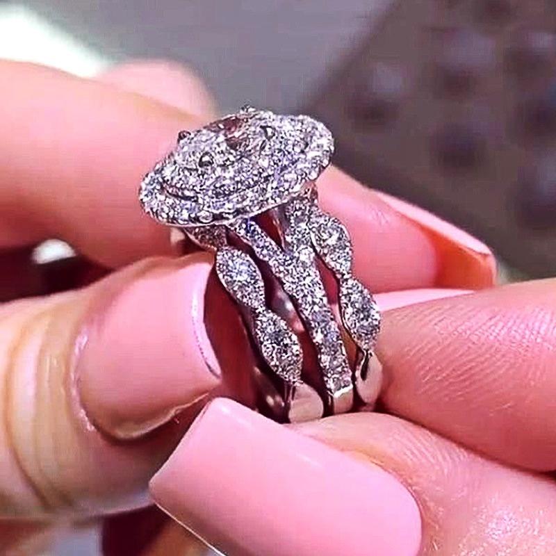 

Cluster Rings 2 Pcs Silver Color Ring Set With Bling Zircon Stone For Women Wedding Engagement Fashion Jewelry Trend 2022
