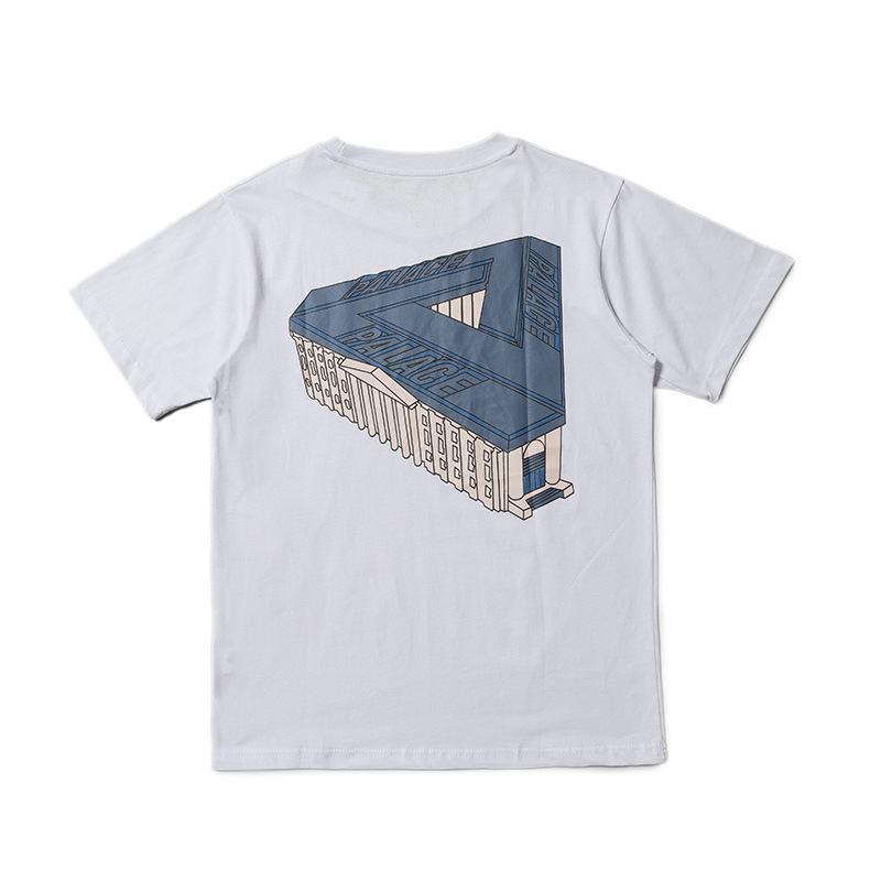 

High version skateboard tide brand 3D palace Triangle Building printed men's and women's short sleeve lovers T-shirt, White;black