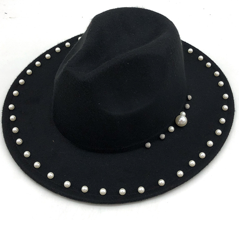 

Beanie/Skull Caps Cross-Border Pearl Autumn and Winter Woolen Big Jazz Top t Womens Fashion Casual Wide Brim Fedora Hat Church, Red