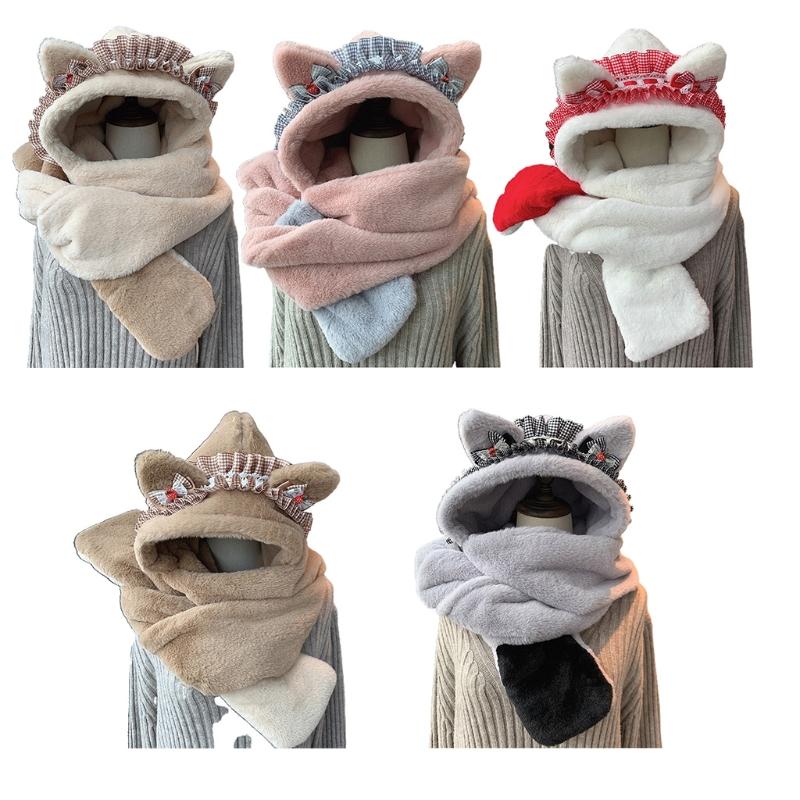 

Berets 3 In 1 Set Plush Lolita Cat Ear Hat Scarf Gloves Beanie Mitten With Pockets For Winter Daily Wear Morning Workout, Pink