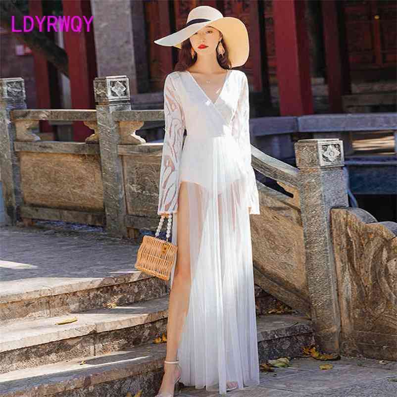 

LDYRWQY Summer Korean Fashion Temperament Sexy Puff Sleeve Slim Mesh and Floor Dress Office Lady 210603, White