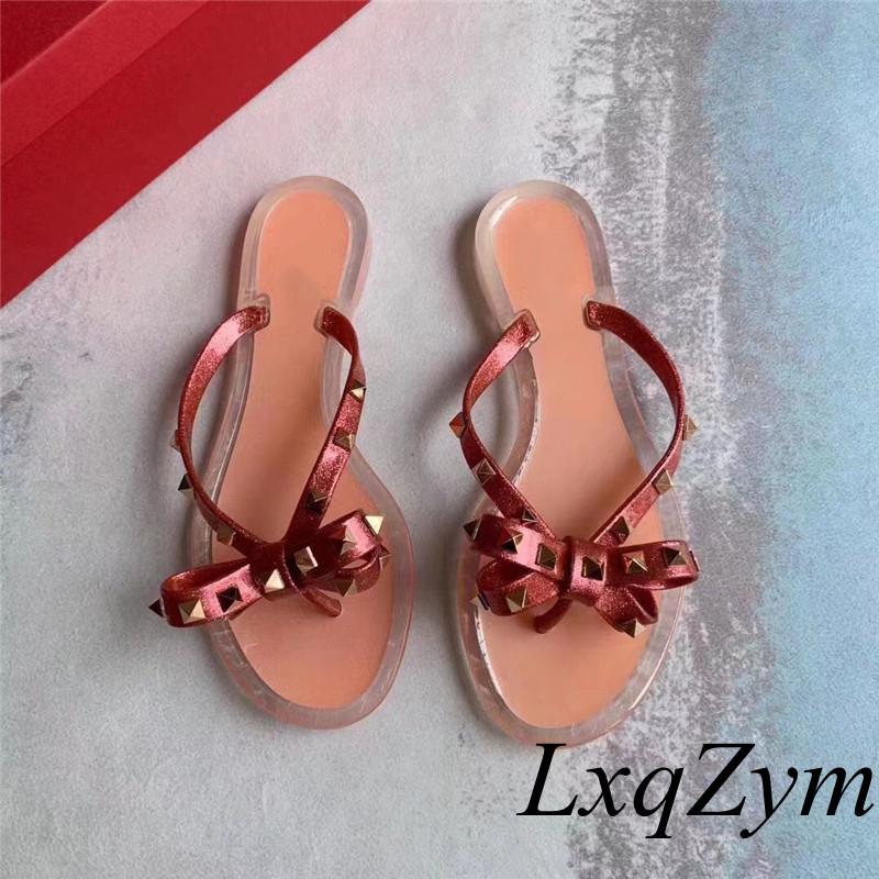

Style High-End Riveting Nail Bow Slippers Pvc Woman Flip Flops Shoes Cool Beach Flat Sandals Jelly, Black
