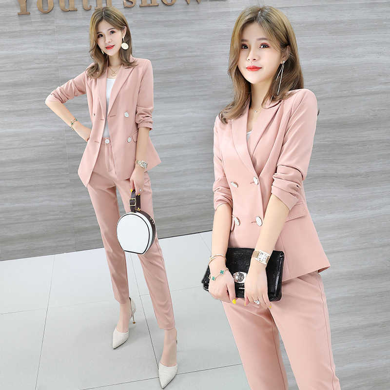 

Women's trouser suit Office high quality autumn casual double-breasted pink jacket female Pants 210527