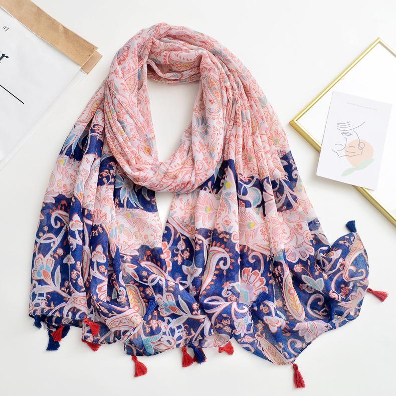 

Royalmaybe Print Scarf Spring And Summer Tourism Ethnic Wind Cotton Gauze Female Sunscreen Shawl Factory Wholesale Scarves, Blue;gray