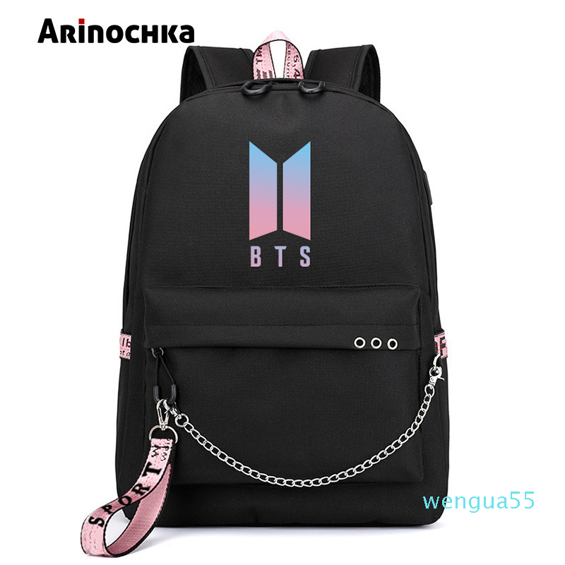 

Korean Fashion Bts Bangtan Boys Letter Backpack Love Yourself Usb Charging Travel Bag For Teenager Girls Ribbon Chains Schoolbag, Green-c