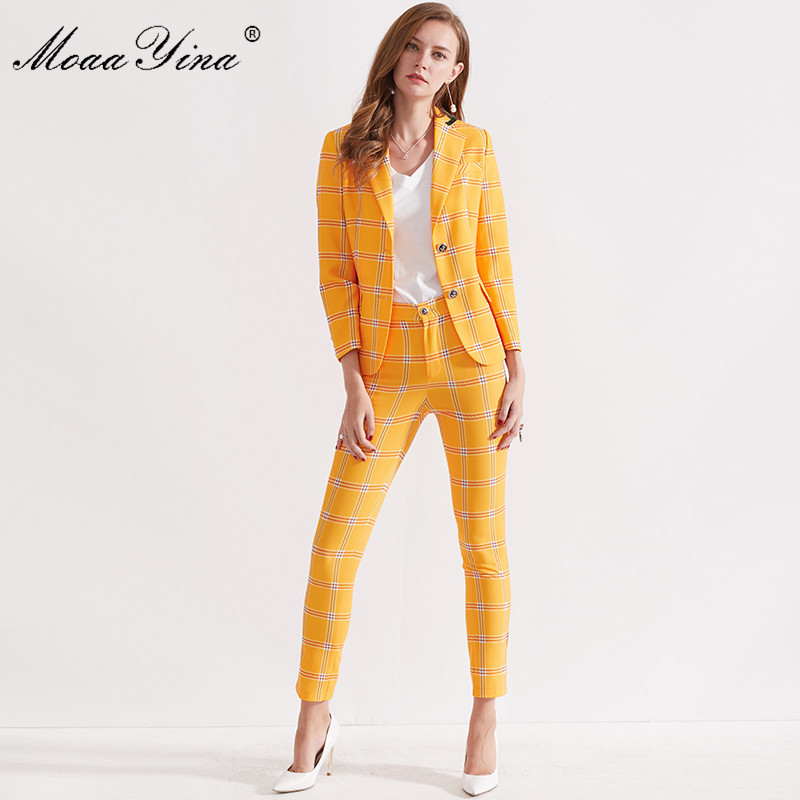

Fashion Designer Set Spring Women Long sleeve England Style Plaid Office Career Elegant Tops+Trousers Two-piece suit 210524, Yellow