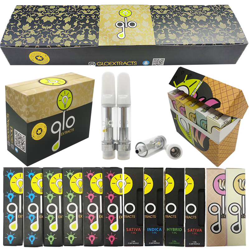 

GLO Extracts Oil Vape Carts Waferz 0.8ml 1.0ml Atomizers Ceramic Coil Glass Tube Cartridges With 10 Strains Display Reflective Packaging Box 510 Thread Empty Vapes Pen