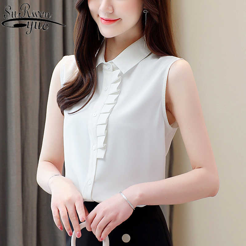 

Sweet Simple Sleeveless Chiffon Blouse Summer Female Korean Style White Shirt POLO Collar OL Fashion Blouse Woman 9537 210527