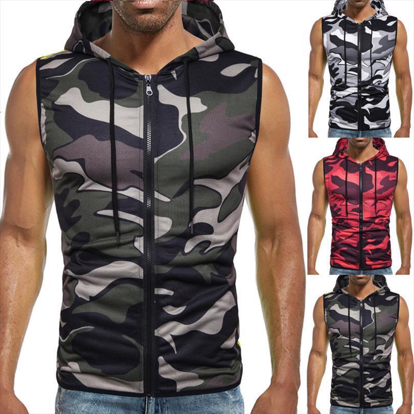 

mens camouflage zipper hooded outdoor leisure sports sleeveless fitness jogger jacket vest, White;black