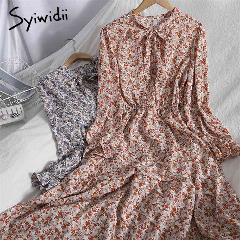 

Fashion Floral Print Elastic High Waist Dresses Women Long Sleeve Bow Lace Up Stand A-line Clothing Summer Korean 210607, 1brick red