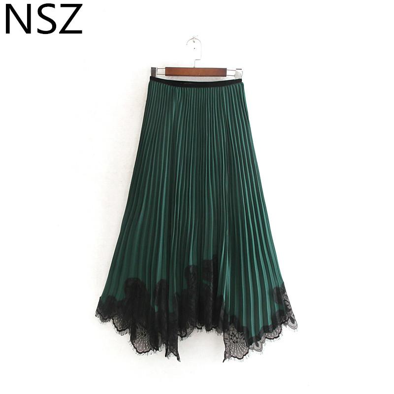 

Skirts NSZ Women Velvet Pleated Skirt Elegant Lace Hem Midi High Waist Fashion Asymmetry, Green