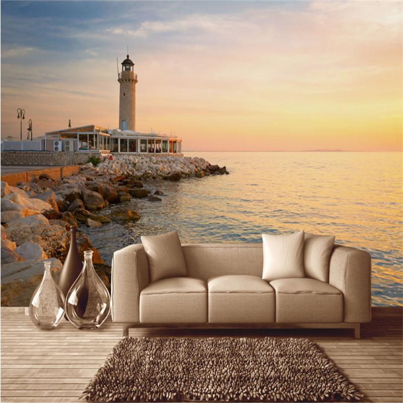 

Wallpapers Custom Po Wallpaper 3D Stereo Embossed Sunset Under The Lighthouse Of Aegean Sea For Living Room TV Background, As shown