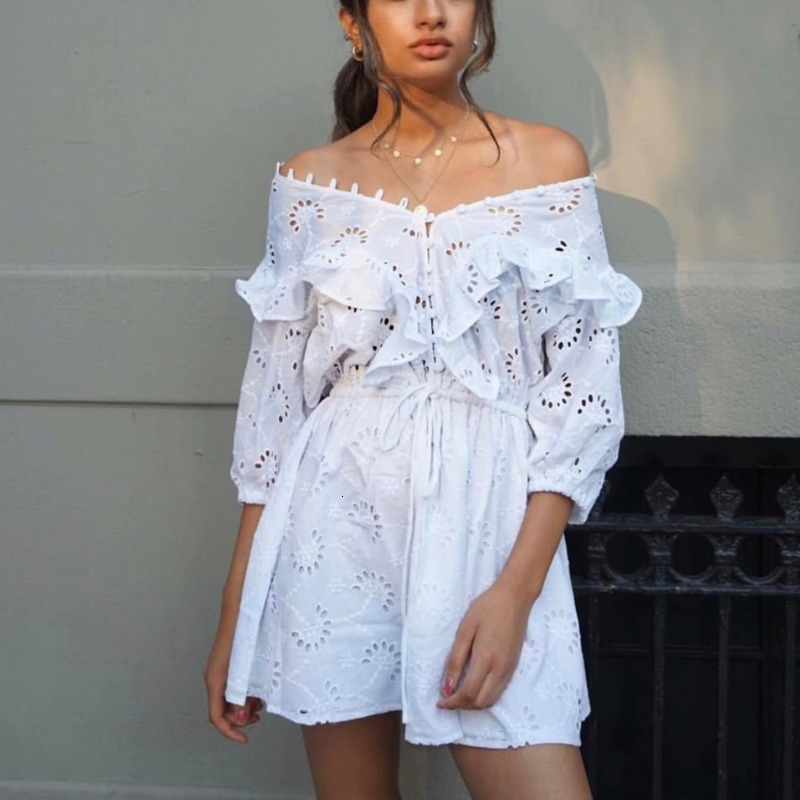

Casual Dresses Vintage Lace Embroidered Ruffled White Woman V Neck High Waist Half Sleeve A Line Mini Girl Summer 2021 86N8