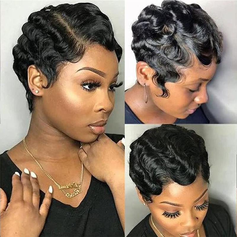 

Synthetic Wigs Finger Ocean Wave Pixie Cut Wig Short Hair For Black Women Full Machine None Lace Frontal Mommy