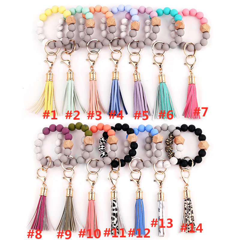 

Leather tassel wood bead key chains women Bracelet key ring food grade silicone bead bracelet key chain 9128