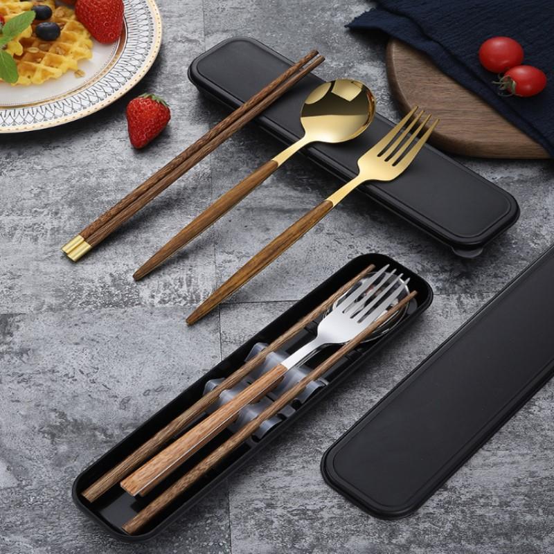 

Dinnerware Sets 3 Pcs/Set Set Portable Wooden Tableware Stainless Steel Glossy Silver Spoon Chopsticks Kit Travel Cutlery Storage Box