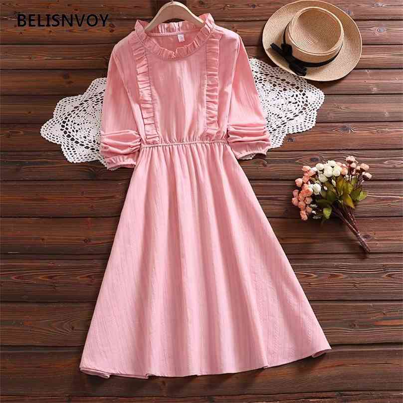 

Japanese Mori Girl Women Cotton Linen Dress Elegant Long Sleeve Ruffled Stringy Selvedge Nipped Waist Splicing Falbala 210520, Pink