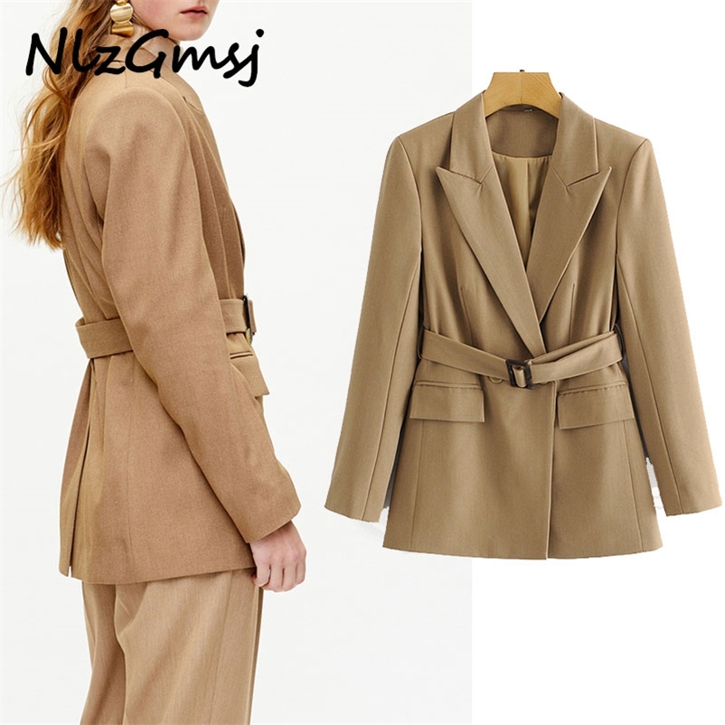 

Women Fashion With Belt Double Breasted Blazer Coat Vintage Long Sleeve Pockets Female Outerwear Chic Tops 210628, Khaki