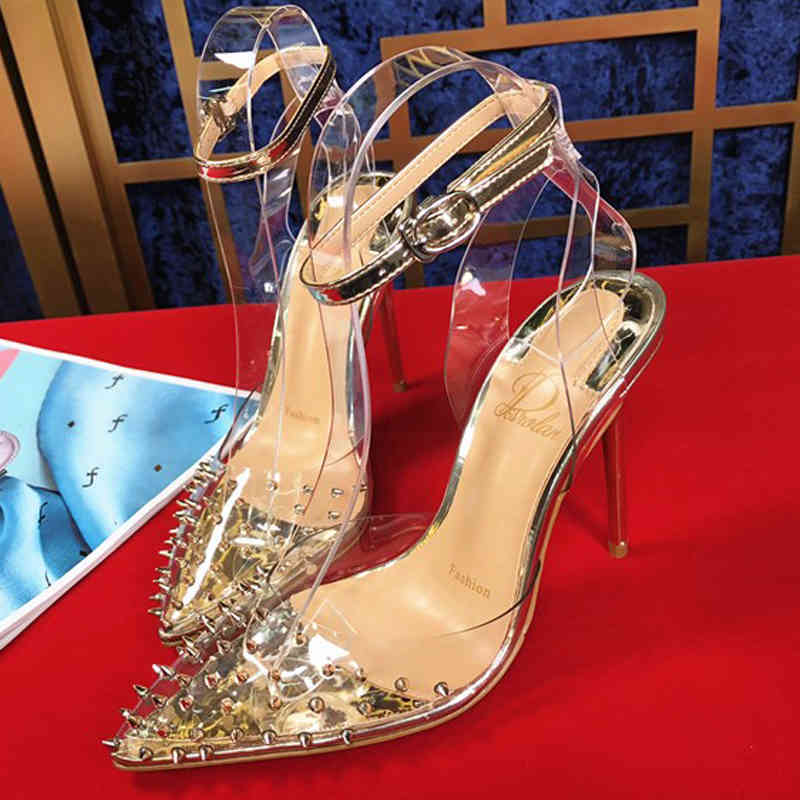 

Dress Shoes Fashion Red Bottom Slingback Women Sexy Pump High Heeled Lady Evening Party Sandals with Rivet Transparent Wedding 3E54, Silver 10cm