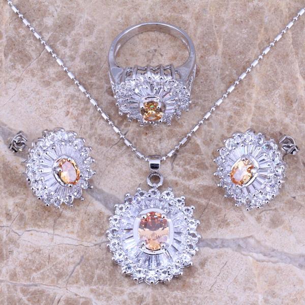 

Earrings & Necklace Morganite White CZ Silver Plated Jewelry Sets Pendant Ring Size 6 / 7 8 9 10 S0104, As pic