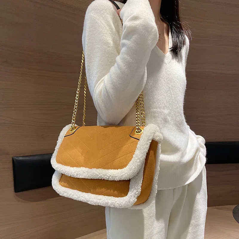 

FLOWER Winter fur bag messenger chain suede retro postman armpit, Packing box