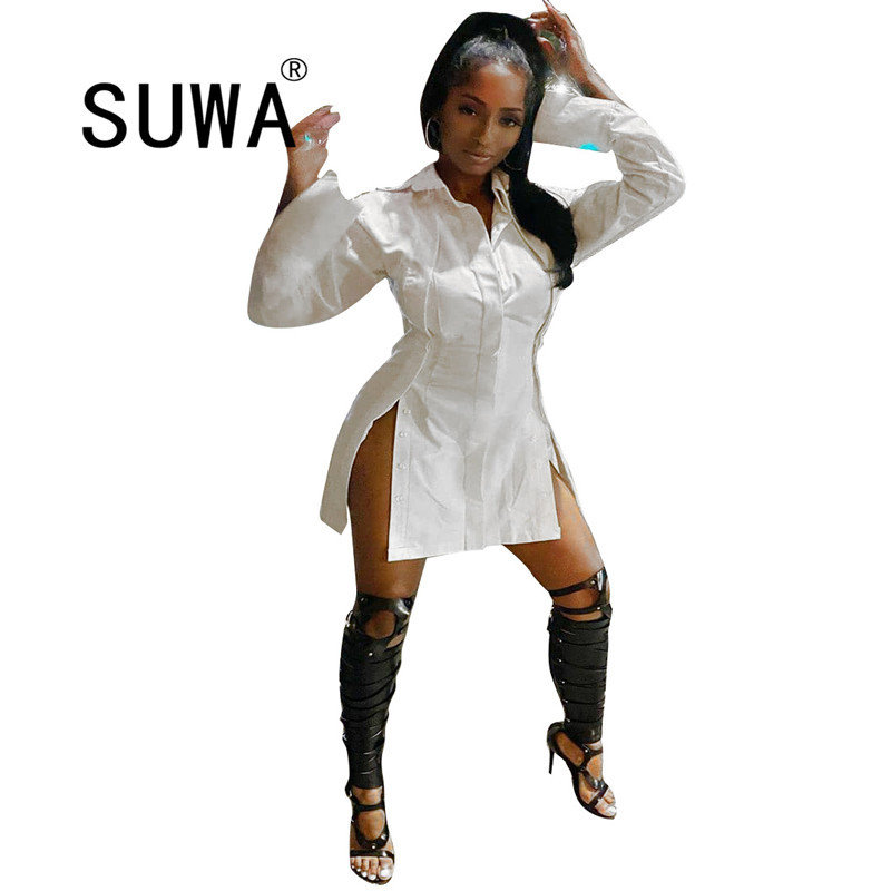 

Simenual Long Sleeve Women Bodycon Party Dresses Cool Girl Side Slit Autumn Fashion Sexy Skinny Clubwear Mini Dress White 210525