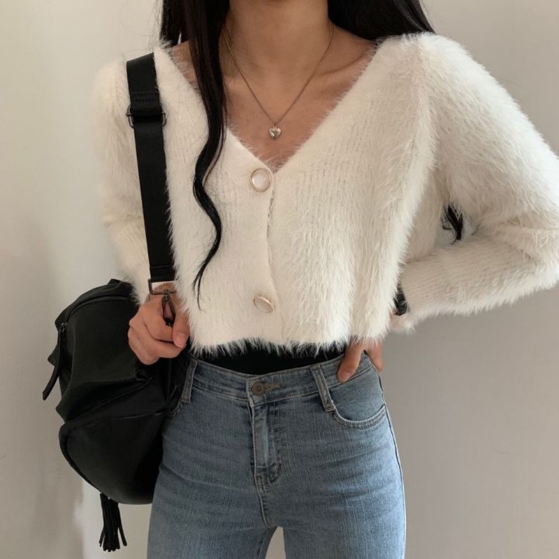 

Women Furry Short Cardigan Spring Autumn V Neck Single-breasted Crop Sweater Woman Button Up Long Sleeve Tops 210602, Sky blue