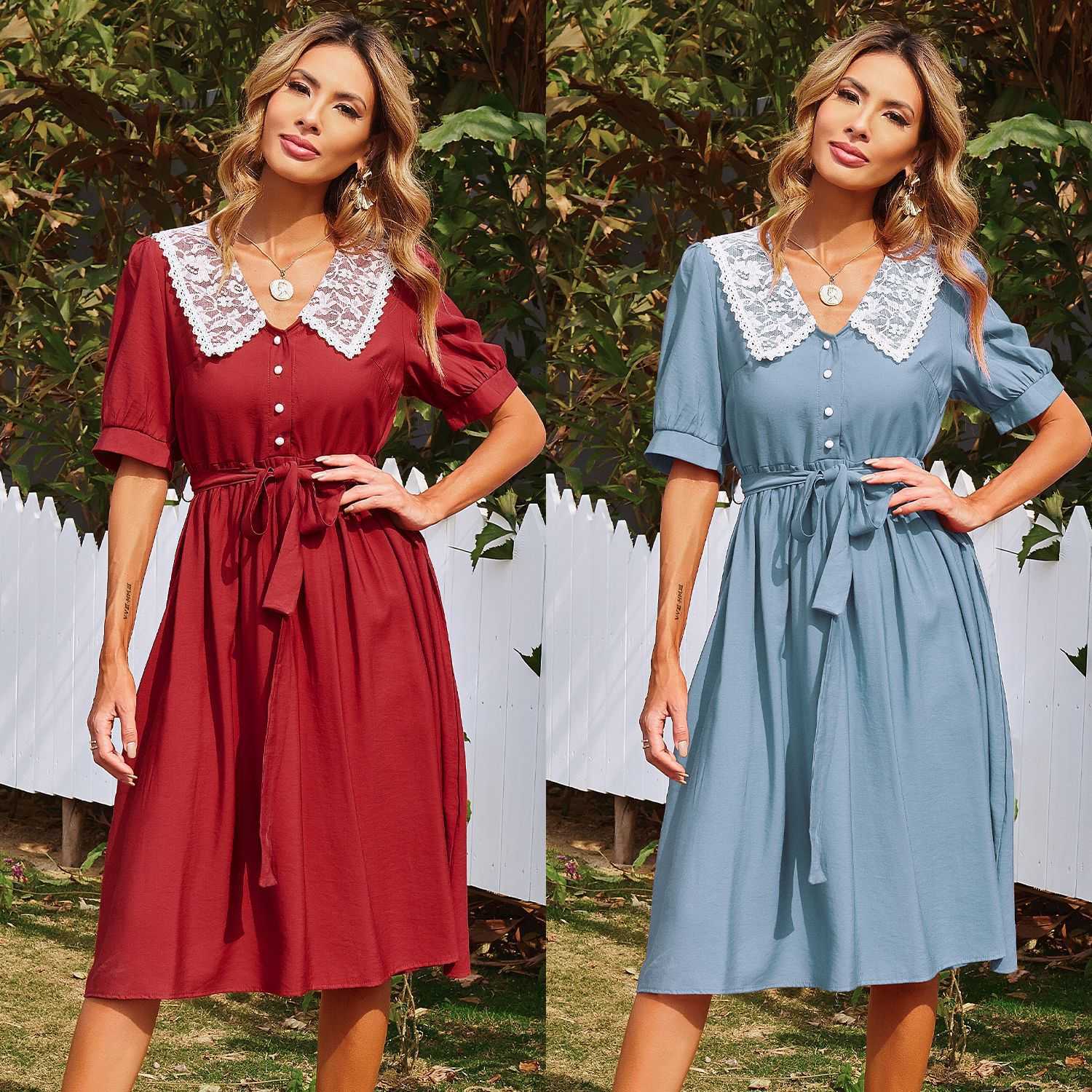 

Women Dresses Summer White Lace Patchwork Turn-down Collar Sashes Midi Half Sleeve Button Bandage A-Line Red Vintage 210526, Blue