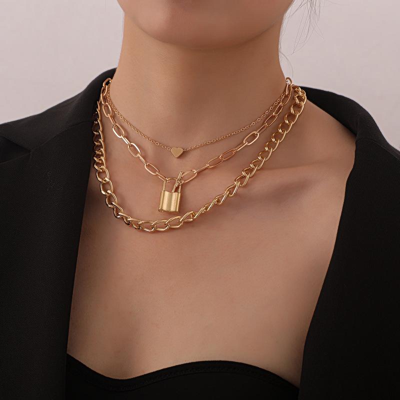

Pendant Necklaces Vintage Punk Boho Multilayer Choker Lock Heart Chain Necklace For Women Gold Silver Color Collar Fashion Jewelry Gift